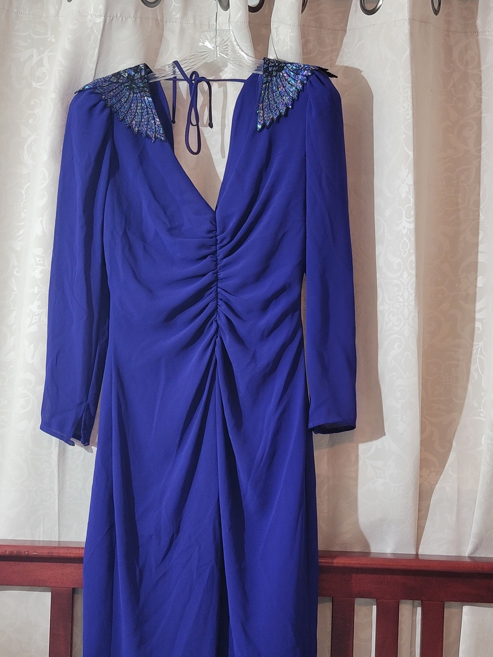 Casadei Deep Blue Long Sleeve Ruched V-Neck Dress with Beaded Shoulders
